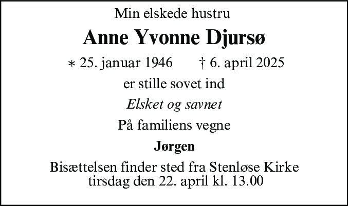 Dødsannonce for Anne Yvonne Djursø