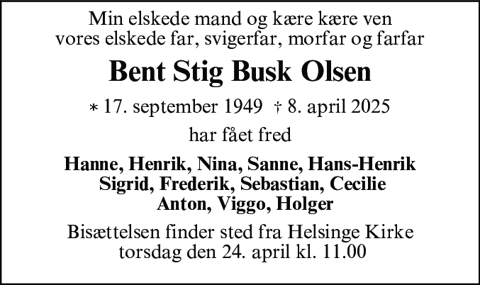 Dødsannonce for Bent Stig Busk Olsen