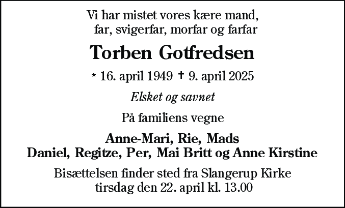 Dødsannonce for Torben Gotfredsen