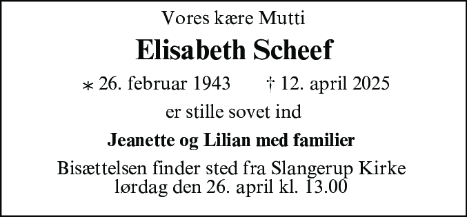 Dødsannonce for Agnes Elisabeth Scheef