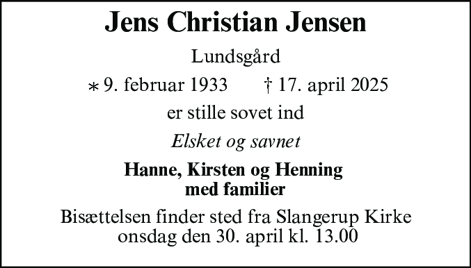 Dødsannonce for Jens Christian Jensen