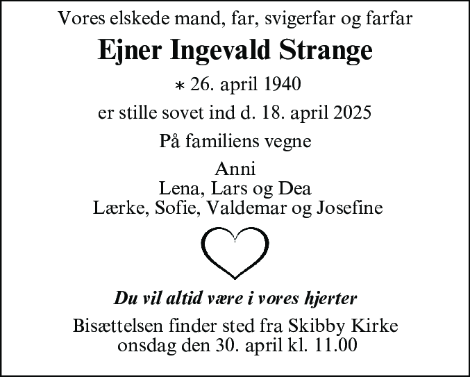 Dødsannonce for Ejner Ingevald Strange
