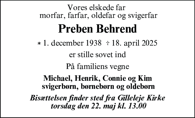 Dødsannonce for Preben Behrend