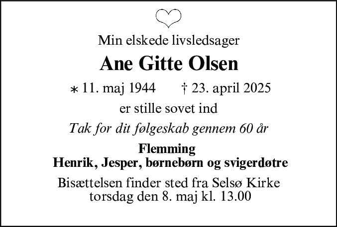Dødsannonce for Ane Gitte Olsen