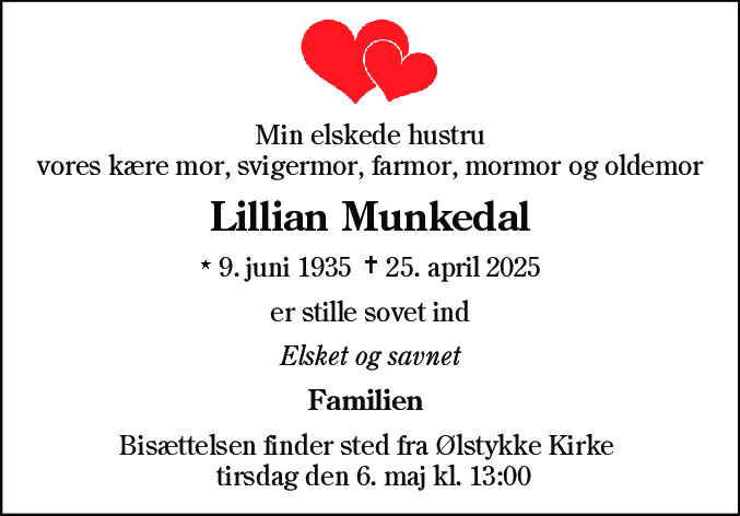 Dødsannonce for Lillian Munkedal