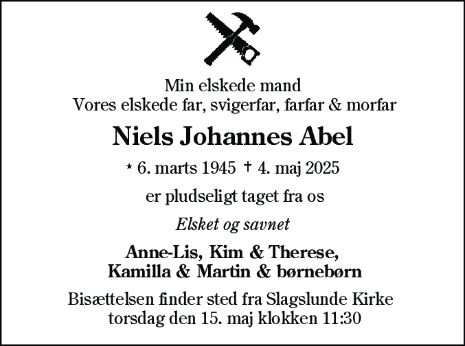 Dødsannonce for Niels Johannes Abel
