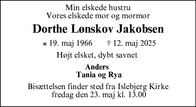 Dødsannonce for Dorthe Lønskov Jakobsen