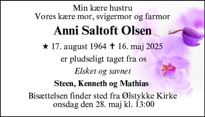 Dødsannonce for Anni Saltoft Olsen
