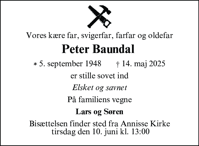 Dødsannonce for Peter Baundal