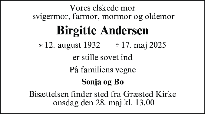Dødsannonce for Birgitte Andersen