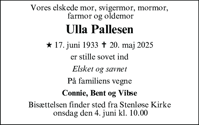 Dødsannonce for Ulla Pallesen