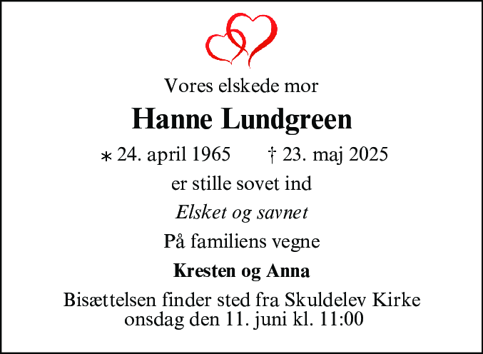 Dødsannonce for Hanne Lundgreen