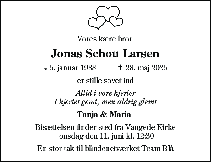 Dødsannonce for Jonas Schou Larsen
