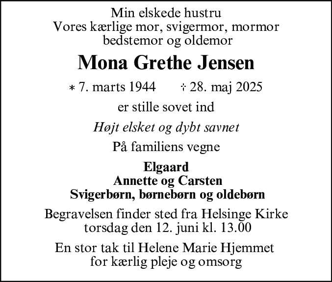 Dødsannonce for Mona Grethe Jensen