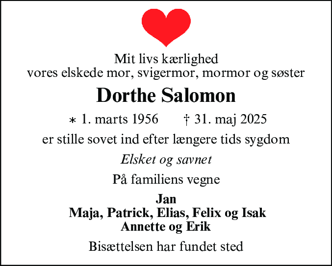 Dødsannonce for Dorthe Salomon