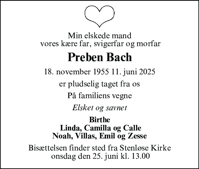 Dødsannonce for Preben Benny Bach
