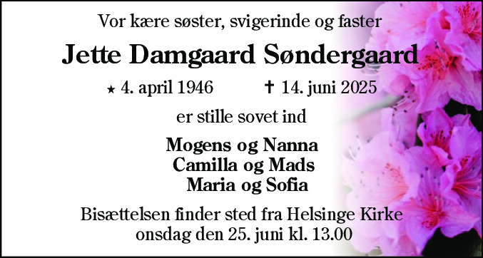 Dødsannonce for Jette Damgaard Søndergaard