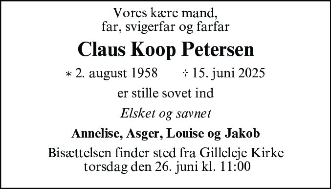 Dødsannonce for Claus Koop Petersen