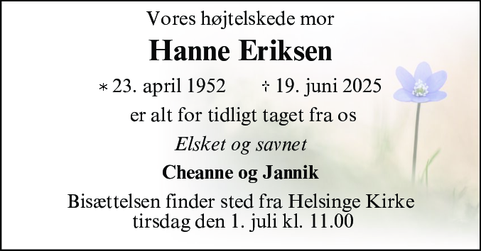 Dødsannonce for Hanne Eriksen