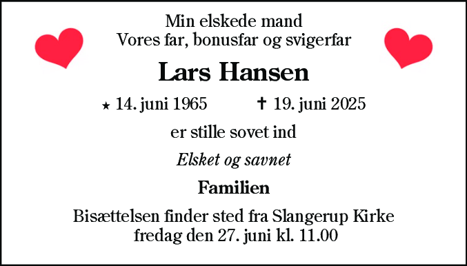 Dødsannonce for Lars Hansen