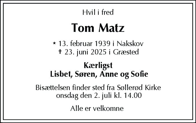 Dødsannonce for Tom Matz