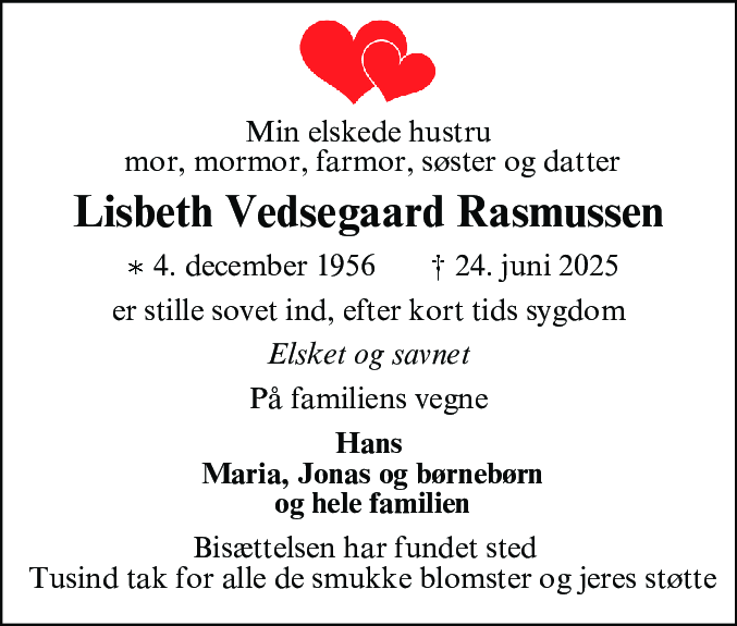 Dødsannonce for Lisbeth Vedsegaard Rasmussen