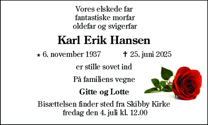 Dødsannonce for Karl Erik Hansen
