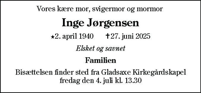 Dødsannonce for Inge Jørgensen