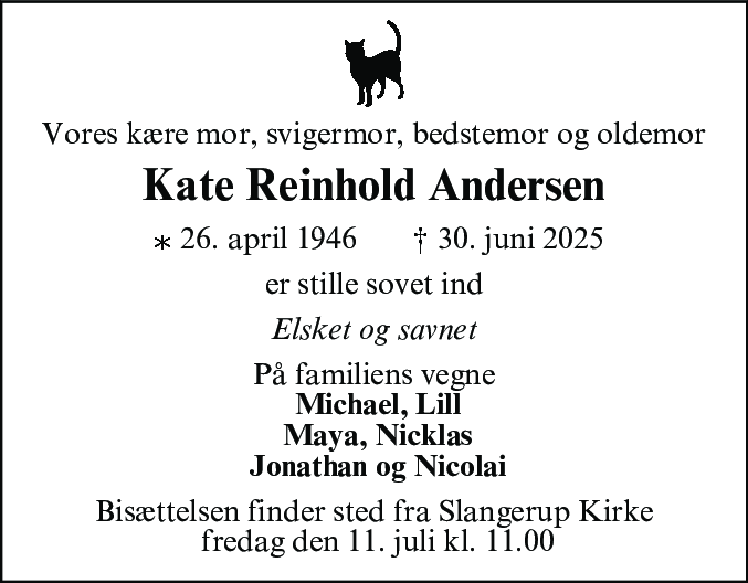 Dødsannonce for Kate Reinhold Andersen