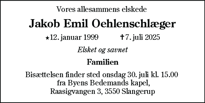Dødsannonce for Jakob Emil Oehlenschlæger
