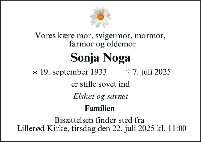 Dødsannonce for Sonja Elisabeth Hildebrandt Noga