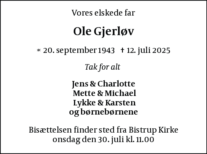 Dødsannonce for Ole Gjerløv
