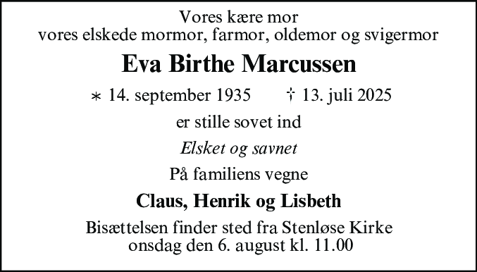 Dødsannonce for Eva Birthe Marcussen