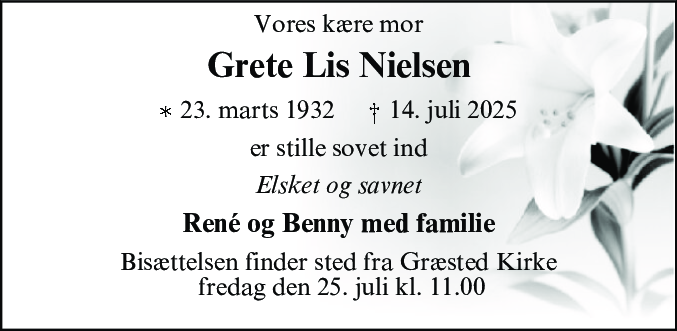 Dødsannonce for Grete Lis Nielsen