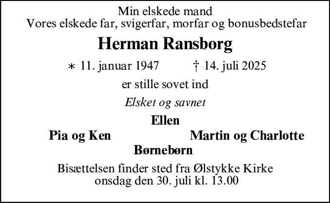 Dødsannonce for Herman Ransborg