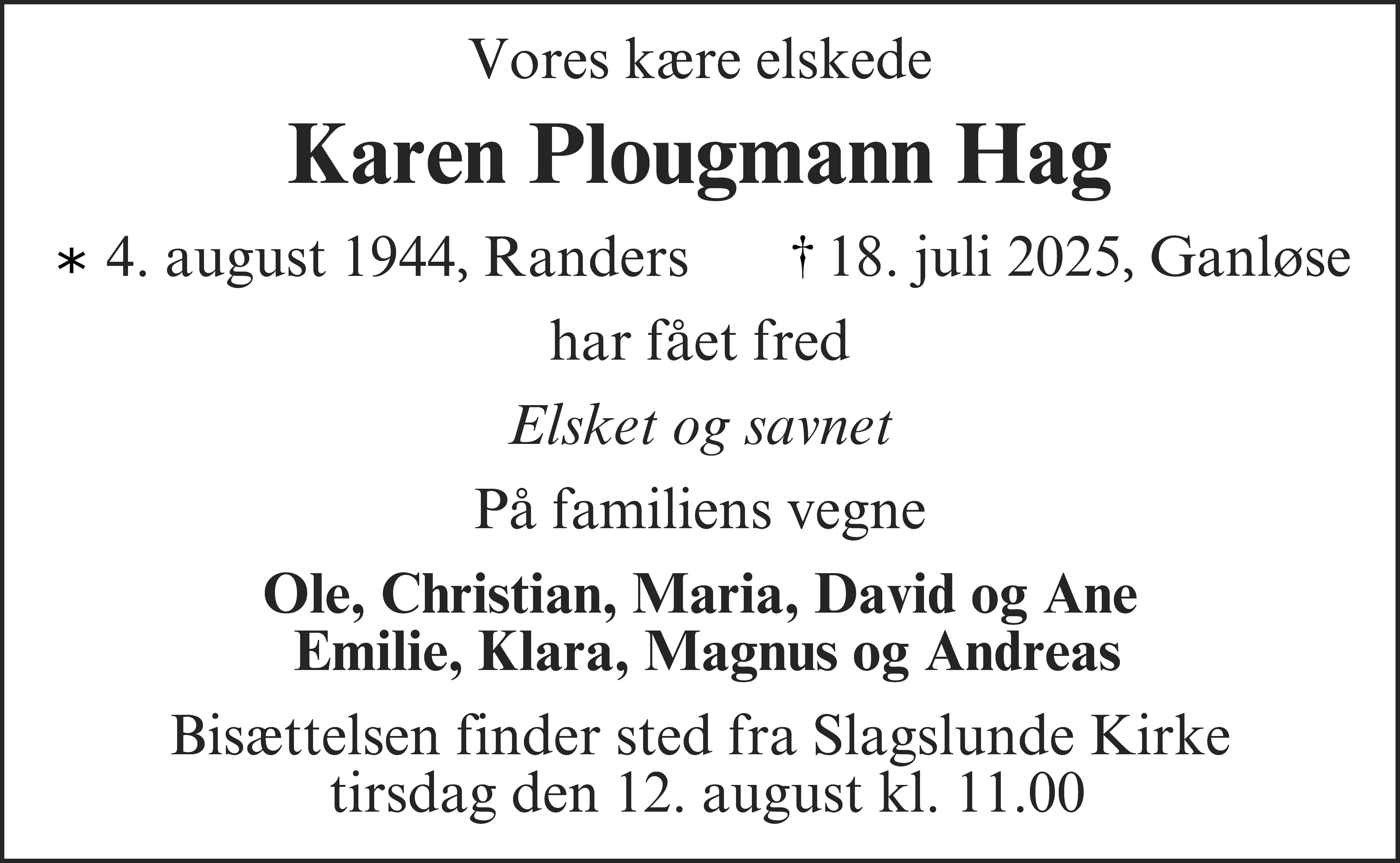 Dødsannonce for Karen Plougmann Hag