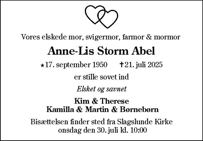 Dødsannonce for Anne-Lis Storm Abel