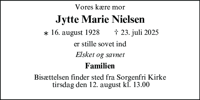 Dødsannonce for Jytte Marie Nielsen