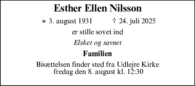 Dødsannonce for Esther Ellen Nilsson