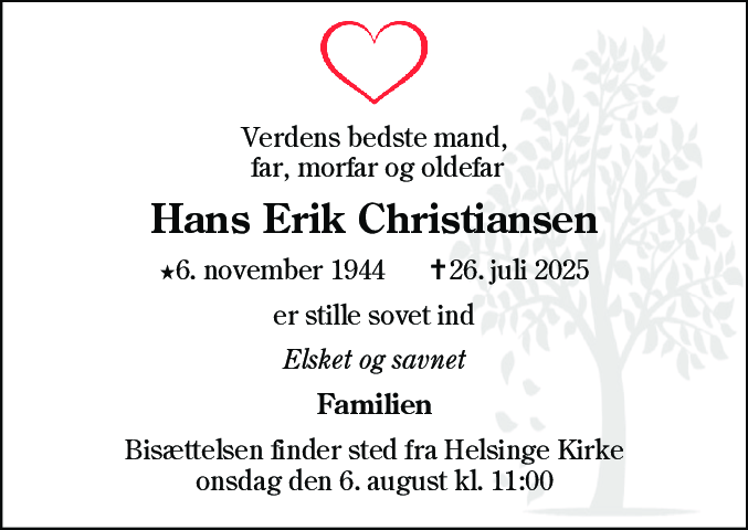 Dødsannonce for Hans Erik Christiansen