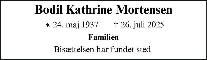 Dødsannonce for Bodil Kathrine Mortensen