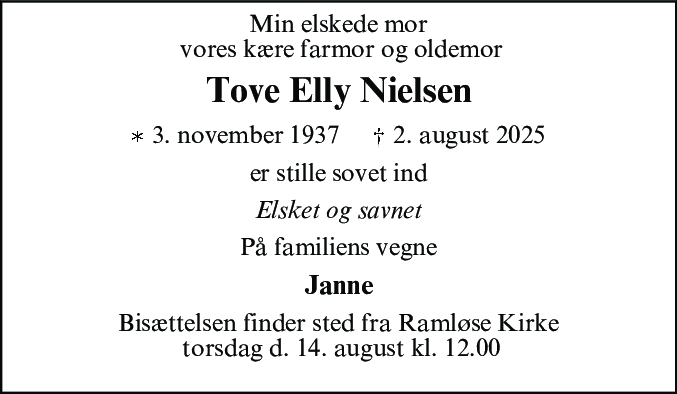 Dødsannonce for Tove Elly Nielsen
