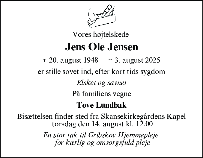 Dødsannonce for Jens Ole Jensen