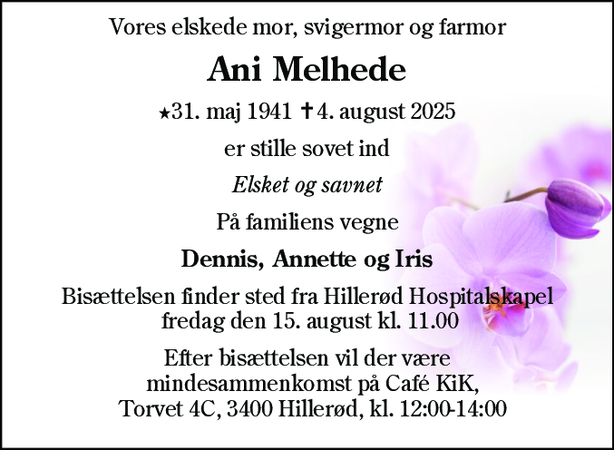Dødsannonce for Ani Melhede