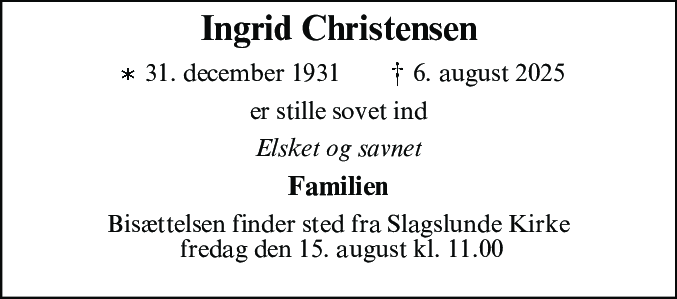 Dødsannonce for Nan Ingrid Erika Christensen