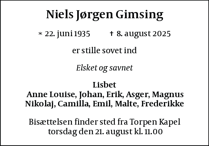 Dødsannonce for Niels Jørgen Gimsing