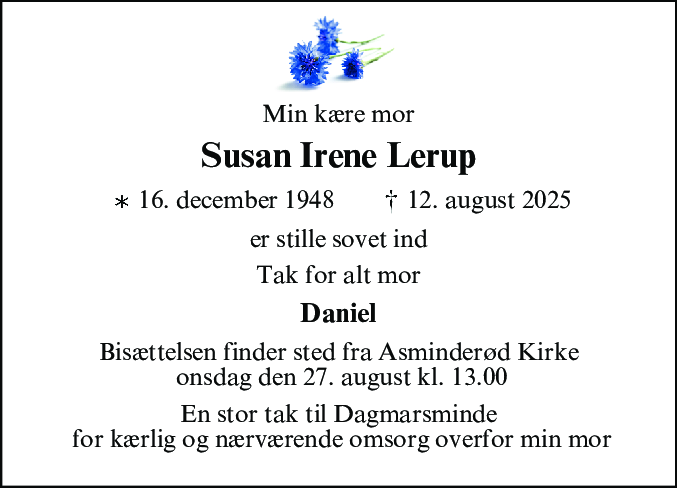 Dødsannonce for Susan Irene Lerup