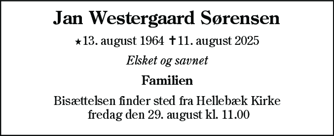 Dødsannonce for Jan Westergaard Sørensen