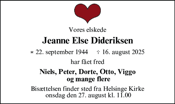 Dødsannonce for Jeanne Else Dideriksen