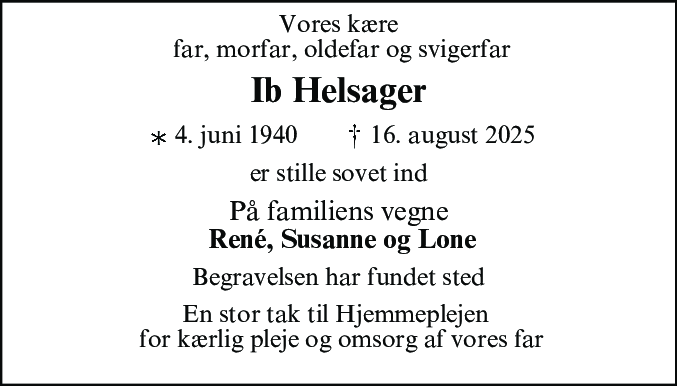Dødsannonce for Ib Magnus Helsager